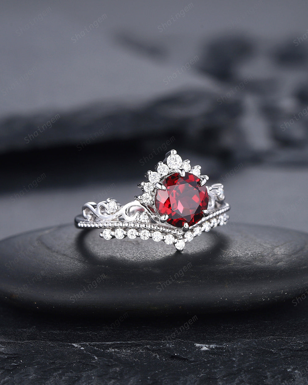 Vintage Round Rhodolite Garnet and Diamond Engagement Ring, Unique 14K White Gold Crown Garnet Wedding Ring, Art Deco Garnet Promise Ring - ShainJewelry