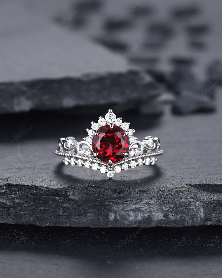Vintage Round Rhodolite Garnet and Diamond Engagement Ring, Unique 14K White Gold Crown Garnet Wedding Ring, Art Deco Garnet Promise Ring - ShainJewelry