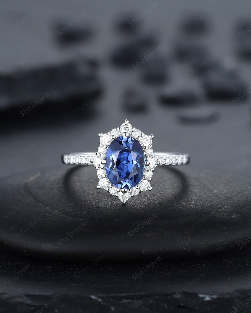 Vintage Oval Cornflower Blue Sapphire Halo Engagement Ring , Unique Blue Sapphire Rose Gold Promise Ring, Sapphire Anniversary Wedding Ring - ShainJewelry