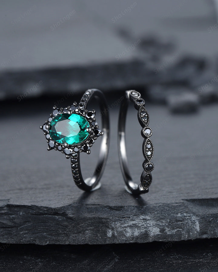 Vintage Oval Emerald Halo Engagement Ring Set, Black Gold Emerald Promise Ring Set, Rhodium Black Moissanite Bridal Set, Black Wedding Ring - ShainJewelry