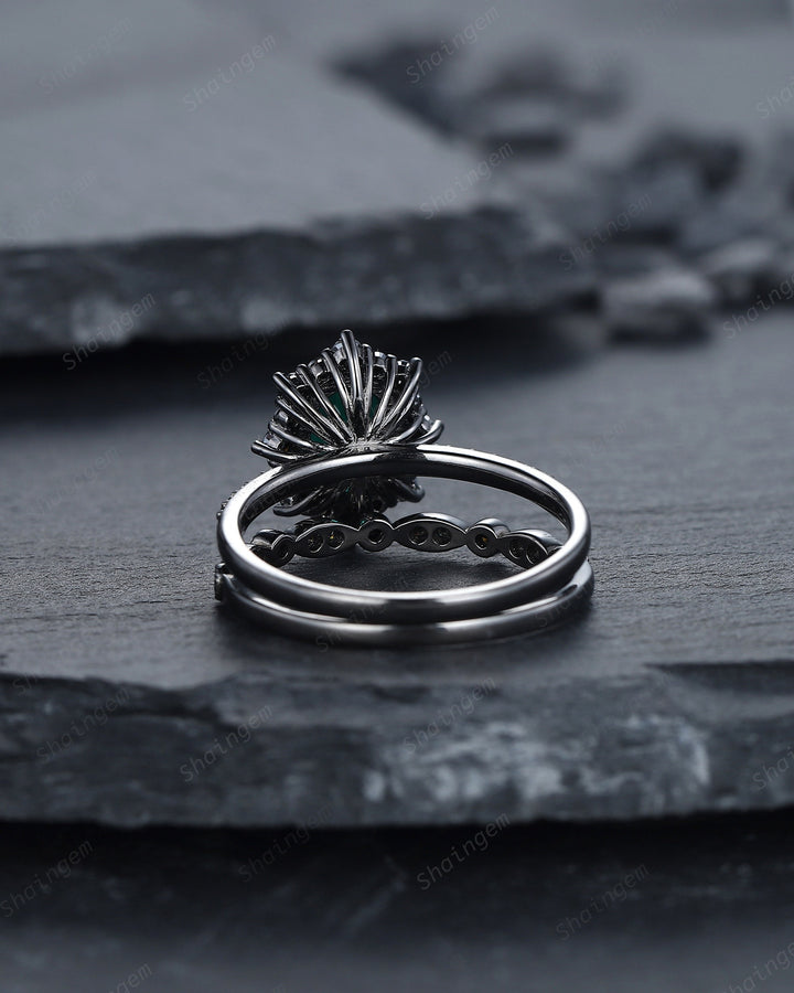 Vintage Oval Emerald Halo Engagement Ring Set, Black Gold Emerald Promise Ring Set, Rhodium Black Moissanite Bridal Set, Black Wedding Ring - ShainJewelry