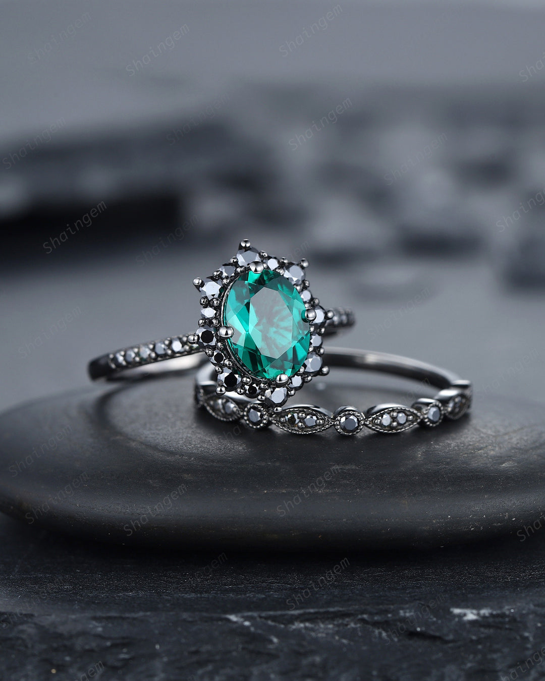 Vintage Oval Emerald Halo Engagement Ring Set, Black Gold Emerald Promise Ring Set, Rhodium Black Moissanite Bridal Set, Black Wedding Ring - ShainJewelry