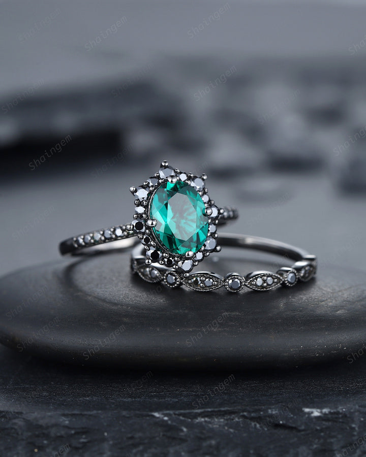 Vintage Oval Emerald Halo Engagement Ring Set, Black Gold Emerald Promise Ring Set, Rhodium Black Moissanite Bridal Set, Black Wedding Ring - ShainJewelry