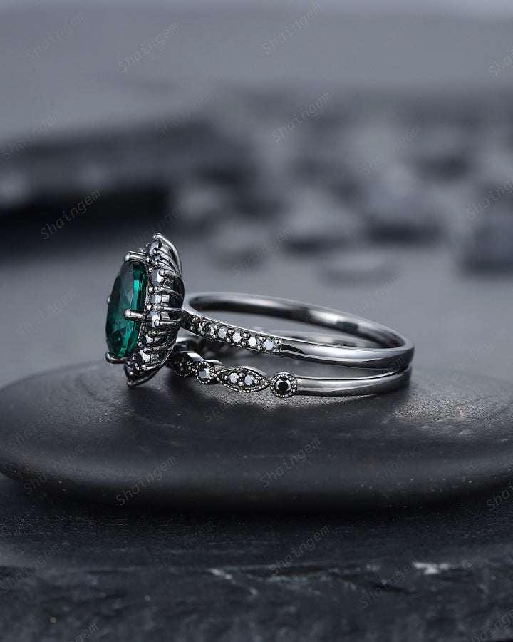 Vintage Oval Emerald Halo Engagement Ring Set, Black Gold Emerald Promise Ring Set, Rhodium Black Moissanite Bridal Set, Black Wedding Ring - ShainJewelry