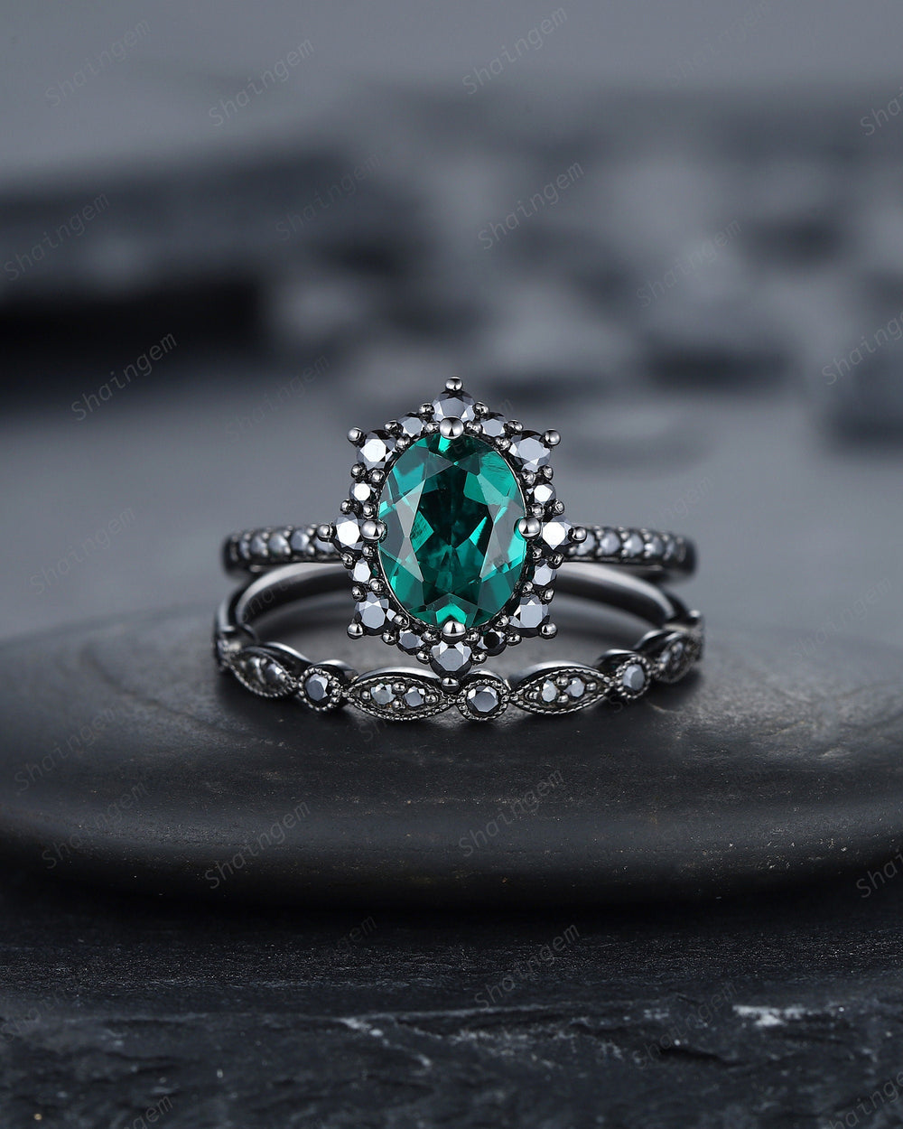 Vintage Oval Emerald Halo Engagement Ring Set, Black Gold Emerald Promise Ring Set, Rhodium Black Moissanite Bridal Set, Black Wedding Ring - ShainJewelry
