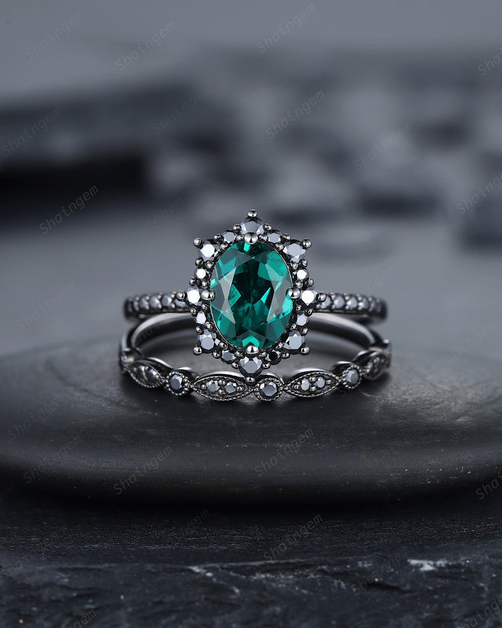 Vintage Oval Emerald Halo Engagement Ring Set, Black Gold Emerald Promise Ring Set, Rhodium Black Moissanite Bridal Set, Black Wedding Ring - ShainJewelry