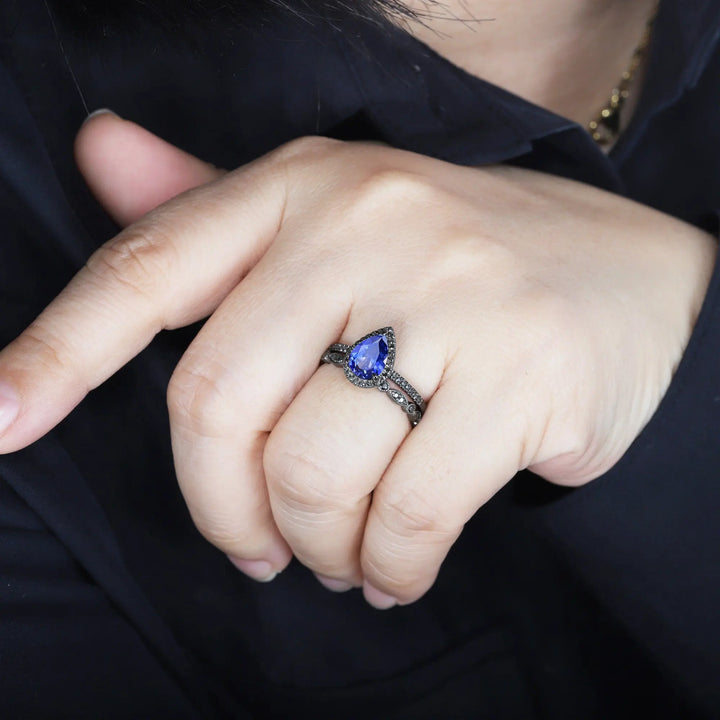 Vintage Cornflower Blue Sapphire Halo Engagement Ring Set, Black Gold Sapphire Promise Ring Set, Rhodium Black Bridal Set Black Wedding Ring - ShainJewelry