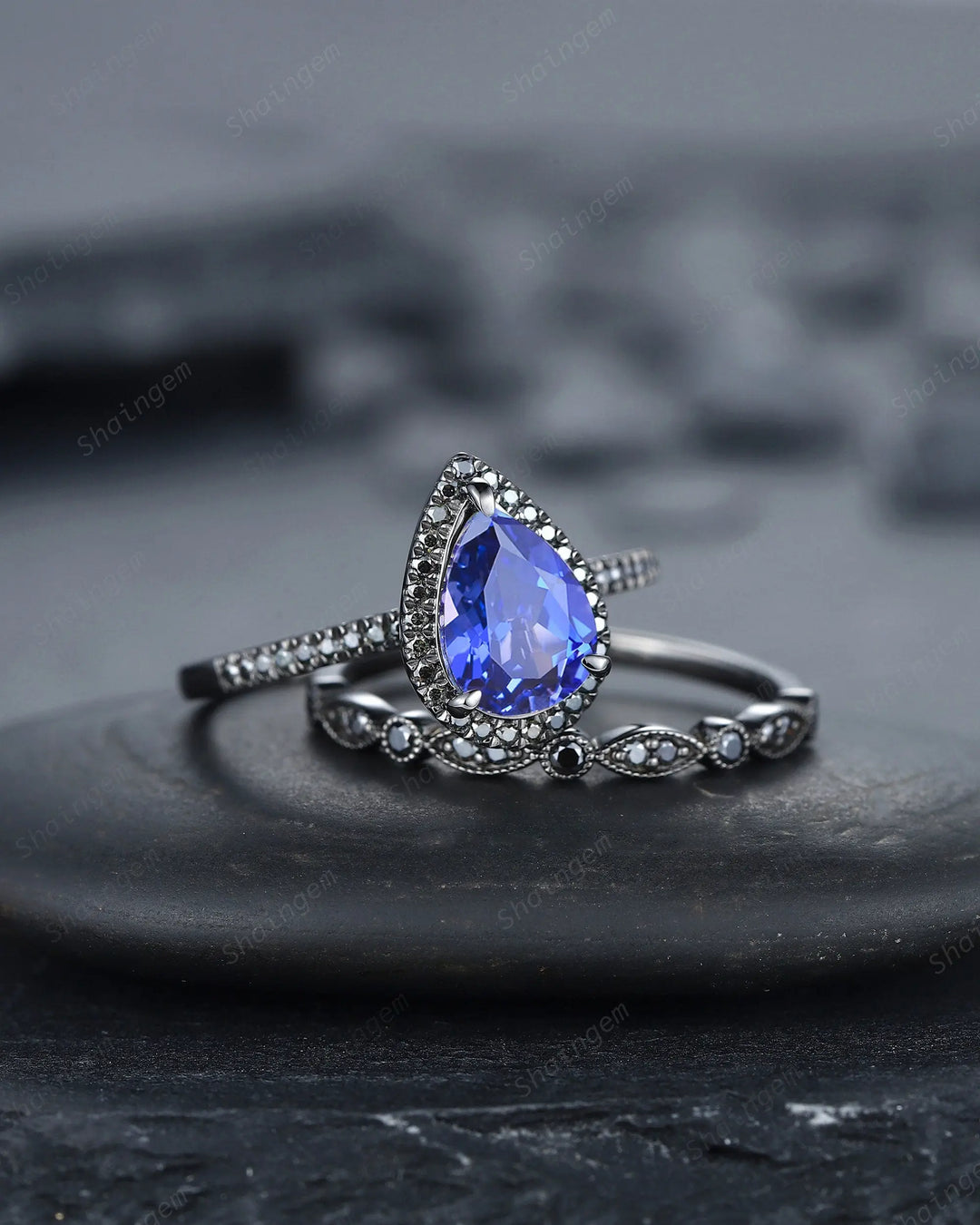 Vintage Cornflower Blue Sapphire Halo Engagement Ring Set, Black Gold Sapphire Promise Ring Set, Rhodium Black Bridal Set Black Wedding Ring - ShainJewelry
