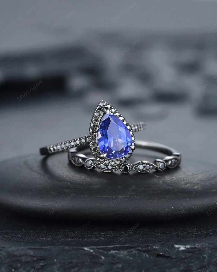 Vintage Cornflower Blue Sapphire Halo Engagement Ring Set, Black Gold Sapphire Promise Ring Set, Rhodium Black Bridal Set Black Wedding Ring - ShainJewelry