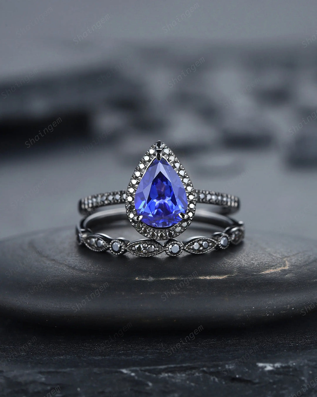 Vintage Cornflower Blue Sapphire Halo Engagement Ring Set, Black Gold Sapphire Promise Ring Set, Rhodium Black Bridal Set Black Wedding Ring - ShainJewelry