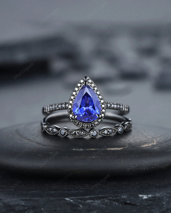 Vintage Cornflower Blue Sapphire Halo Engagement Ring Set, Black Gold Sapphire Promise Ring Set, Rhodium Black Bridal Set Black Wedding Ring - ShainJewelry