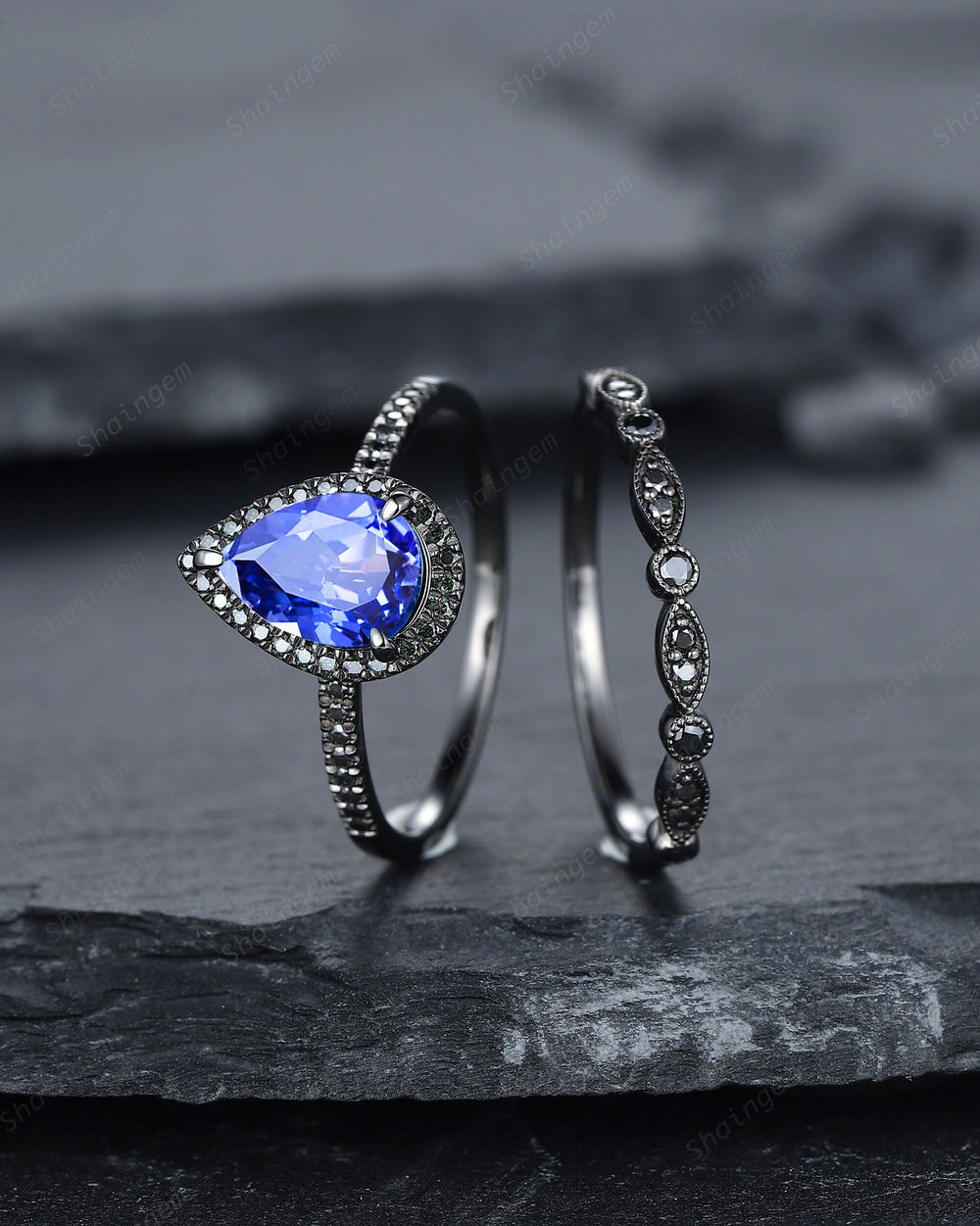 Vintage Cornflower Blue Sapphire Halo Engagement Ring Set, Black Gold Sapphire Promise Ring Set, Rhodium Black Bridal Set Black Wedding Ring - ShainJewelry