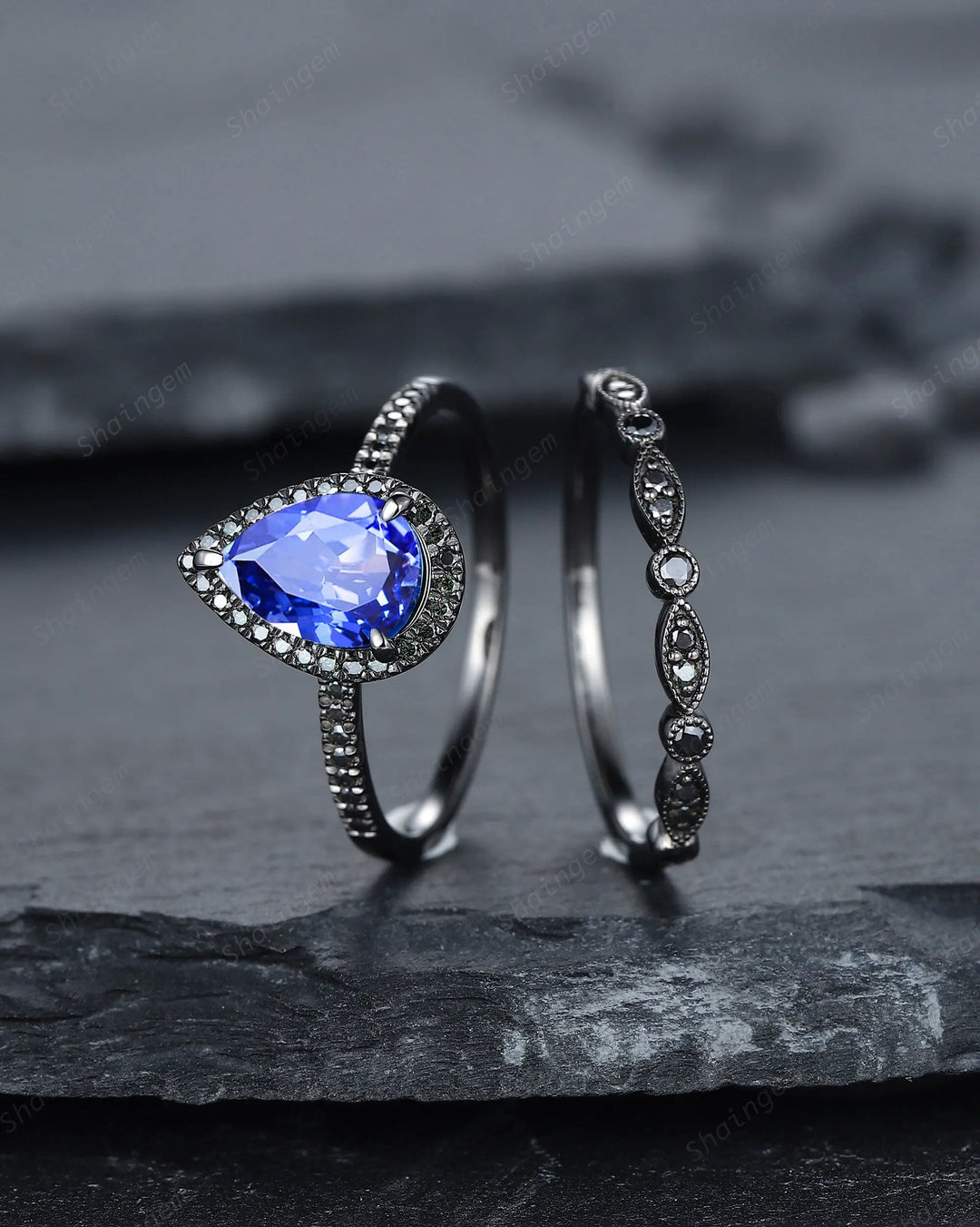 Vintage Cornflower Blue Sapphire Halo Engagement Ring Set, Black Gold Sapphire Promise Ring Set, Rhodium Black Bridal Set Black Wedding Ring - ShainJewelry