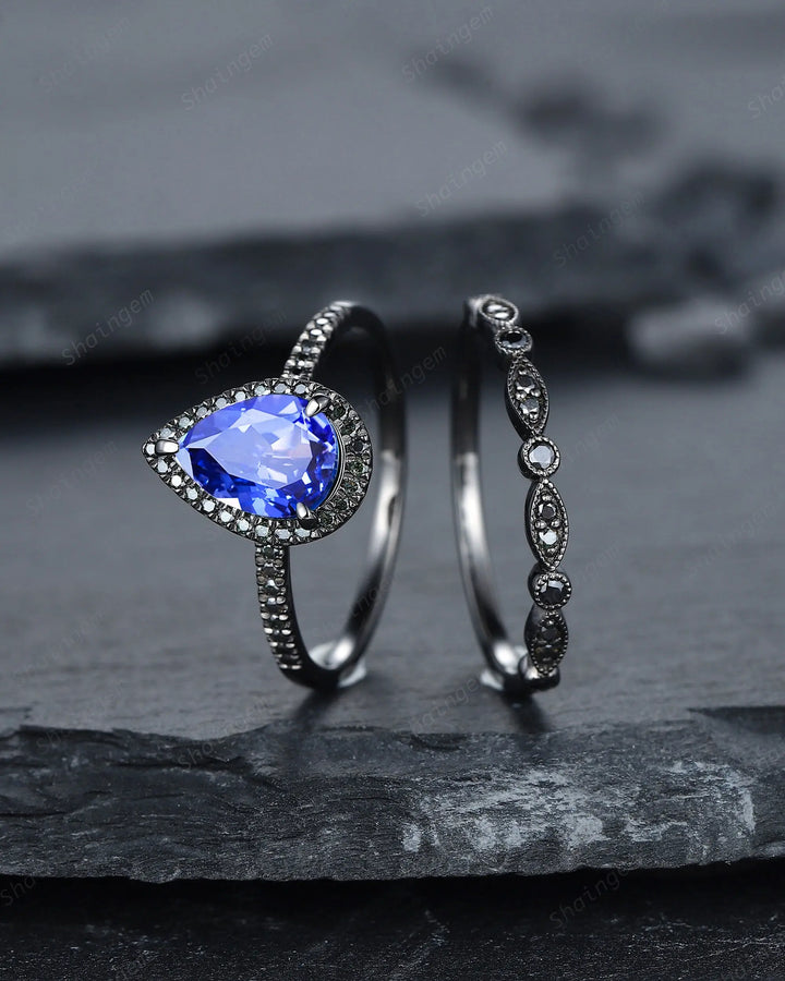Vintage Cornflower Blue Sapphire Halo Engagement Ring Set, Black Gold Sapphire Promise Ring Set, Rhodium Black Bridal Set Black Wedding Ring - ShainJewelry