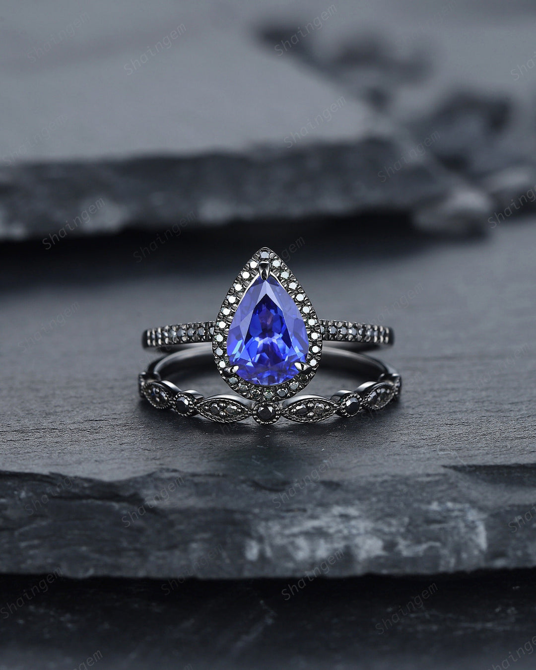 Vintage Cornflower Blue Sapphire Halo Engagement Ring Set, Black Gold Sapphire Promise Ring Set, Rhodium Black Bridal Set Black Wedding Ring - ShainJewelry