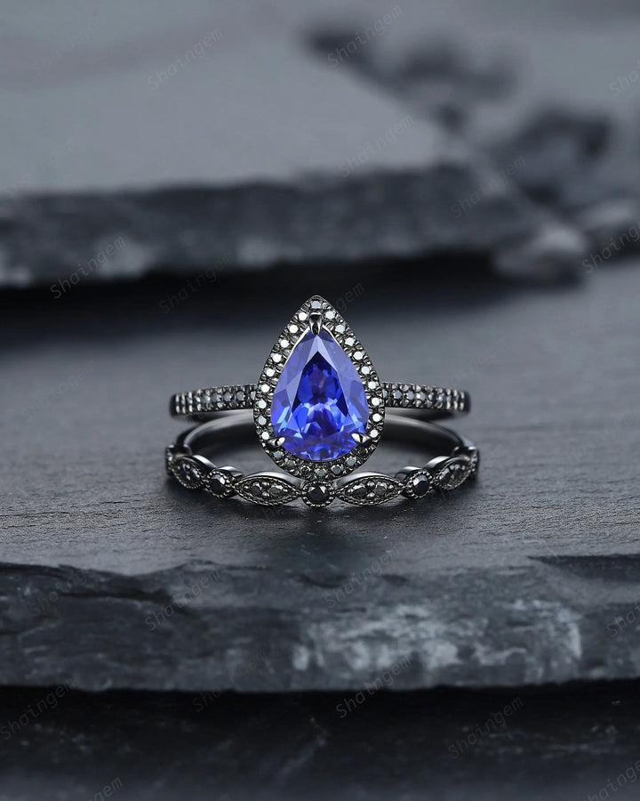 Vintage Cornflower Blue Sapphire Halo Engagement Ring Set, Black Gold Sapphire Promise Ring Set, Rhodium Black Bridal Set Black Wedding Ring - ShainJewelry