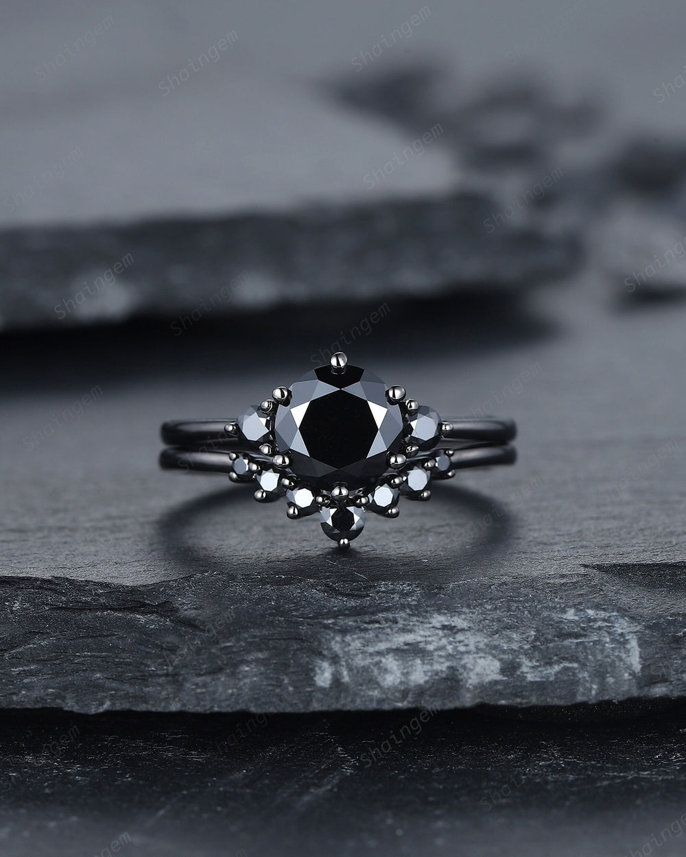 Vintage Black Gold Round Cut Moissanite Engagement Ring, Rhodium Black Moissanite Wedding Set, Unique Dark Bridal Set, Black Promise Ring - ShainJewelry