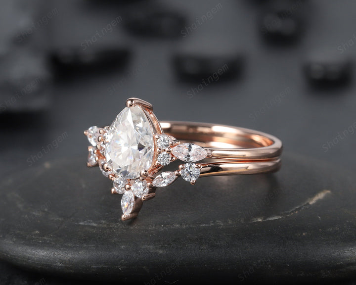 Vintage Pear Cut Moissanite Engagement Ring Set, Moissanite Wedding Ring Set, 14K Rose Gold Marquise Moissanite Promise Anniversary Ring - ShainJewelry