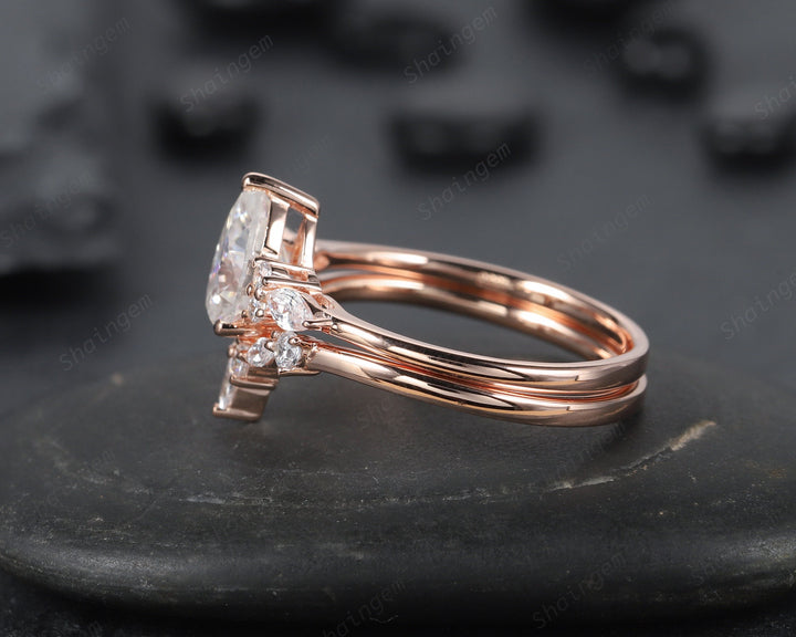 Vintage Pear Cut Moissanite Engagement Ring Set, Moissanite Wedding Ring Set, 14K Rose Gold Marquise Moissanite Promise Anniversary Ring - ShainJewelry