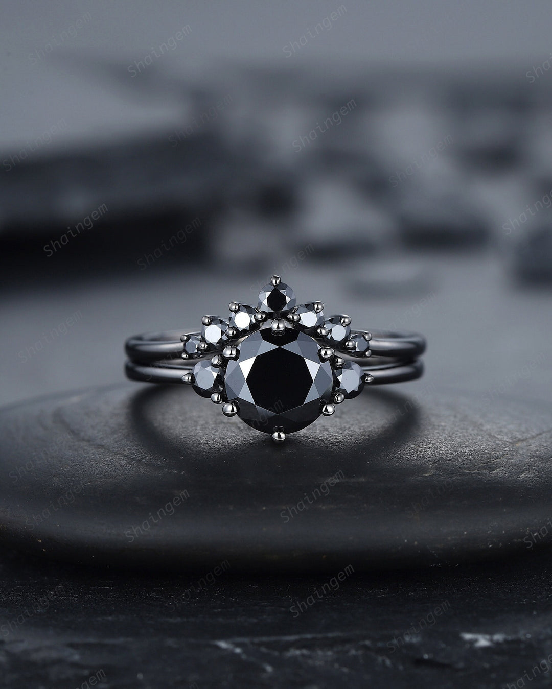Vintage Black Gold Round Cut Moissanite Engagement Ring, Rhodium Black Moissanite Wedding Set, Unique Dark Bridal Set, Black Promise Ring - ShainJewelry