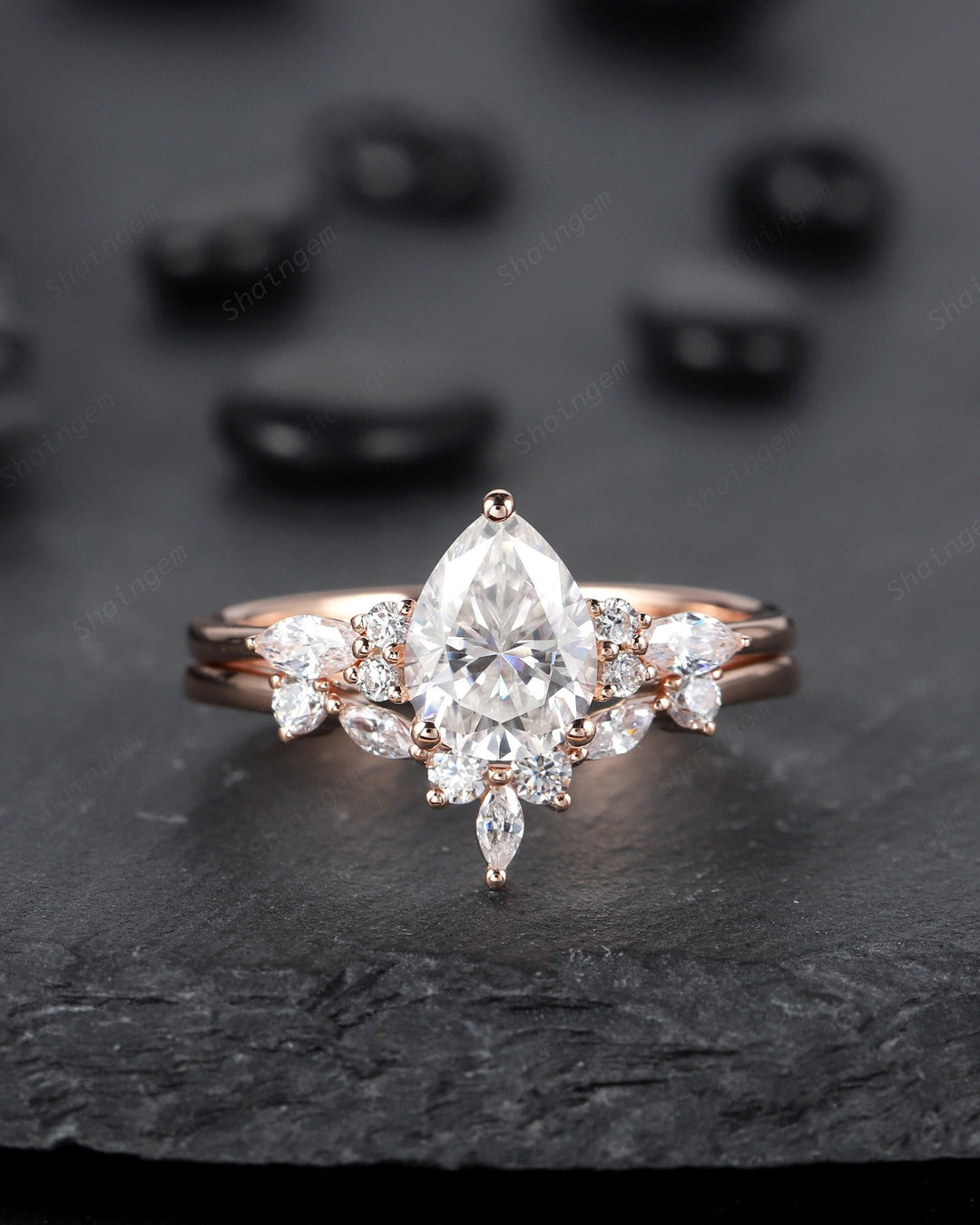 Vintage Pear Cut Moissanite Engagement Ring Set, Moissanite Wedding Ring Set, 14K Rose Gold Marquise Moissanite Promise Anniversary Ring - ShainJewelry