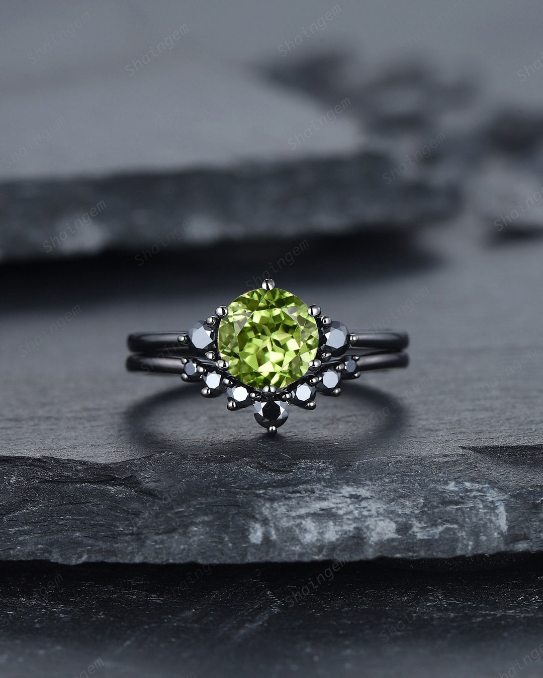 Vintage Black Gold Round Cut Peridot Engagement Ring Set, Rhodium Black Moissanite Wedding Set, Unique Dark Bridal Set, Black Promise Ring - ShainJewelry