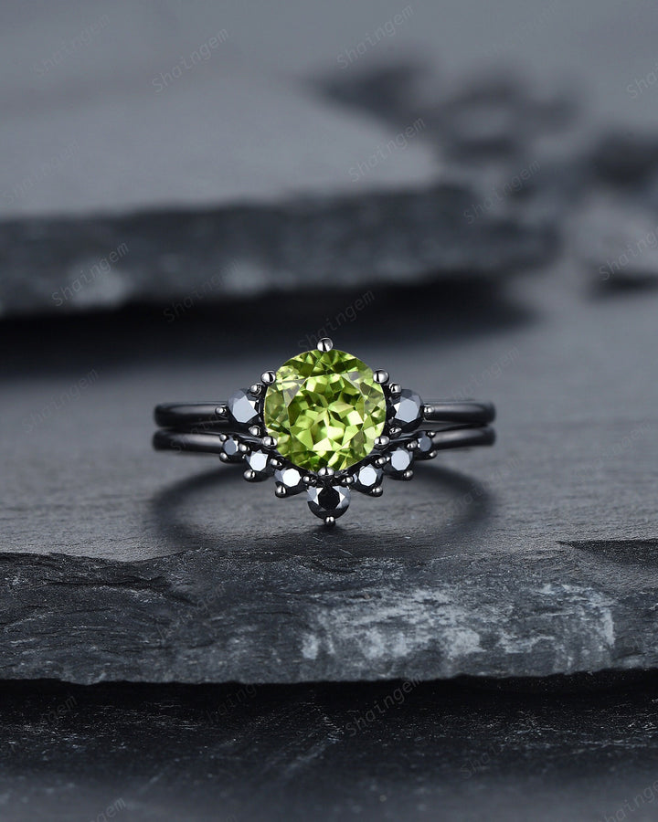 Vintage Black Gold Round Cut Peridot Engagement Ring Set, Rhodium Black Moissanite Wedding Set, Unique Dark Bridal Set, Black Promise Ring - ShainJewelry