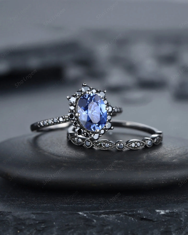 Vintage Oval Cornflower Blue Sapphire Halo Engagement Ring Set, Gothic Black Promise Ring Set, Rhodium Black Bridal Set, Black Wedding Ring - ShainJewelry