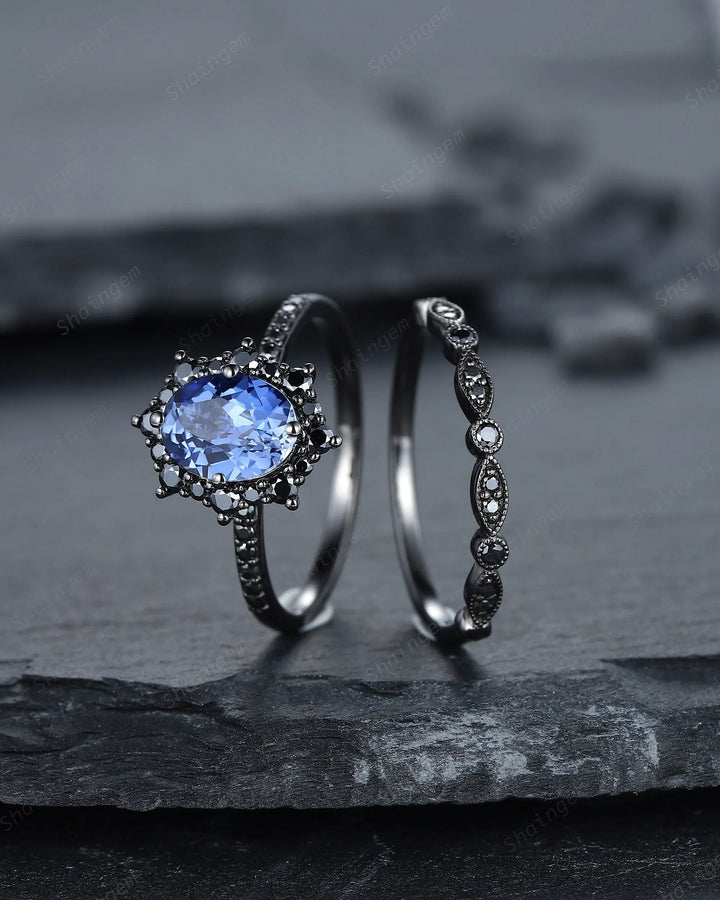 Vintage Oval Cornflower Blue Sapphire Halo Engagement Ring Set, Gothic Black Promise Ring Set, Rhodium Black Bridal Set, Black Wedding Ring - ShainJewelry