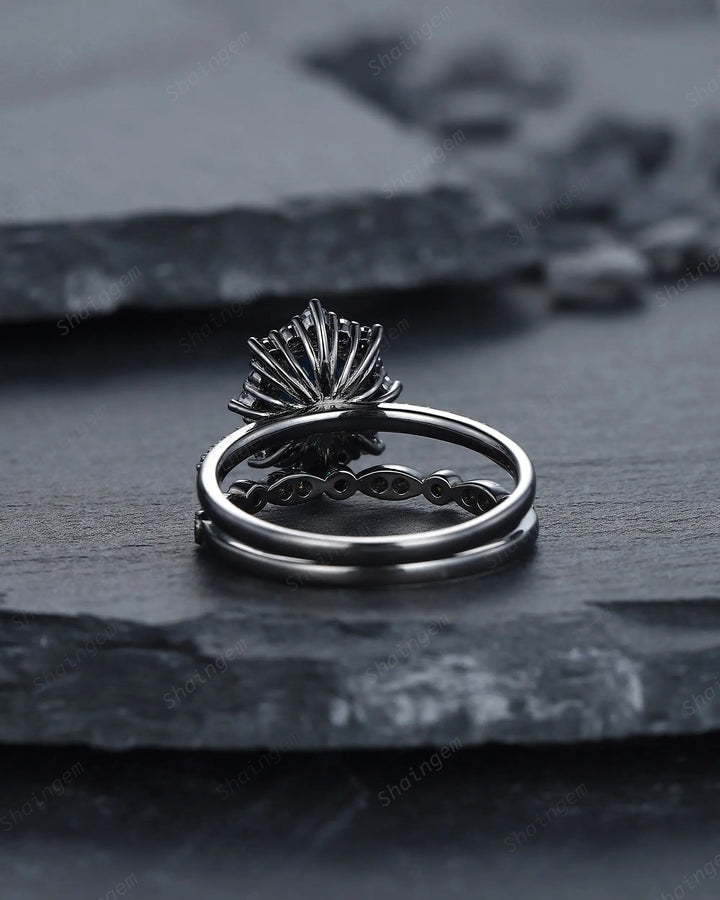 Vintage Oval Cornflower Blue Sapphire Halo Engagement Ring Set, Gothic Black Promise Ring Set, Rhodium Black Bridal Set, Black Wedding Ring - ShainJewelry