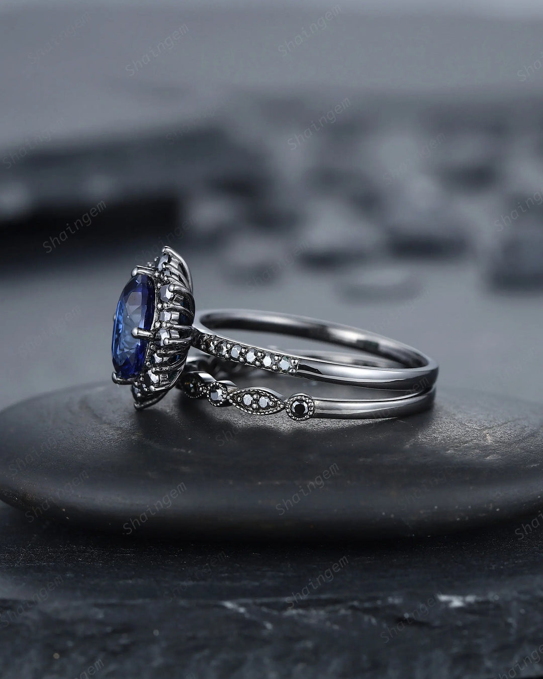 Vintage Oval Cornflower Blue Sapphire Halo Engagement Ring Set, Gothic Black Promise Ring Set, Rhodium Black Bridal Set, Black Wedding Ring - ShainJewelry