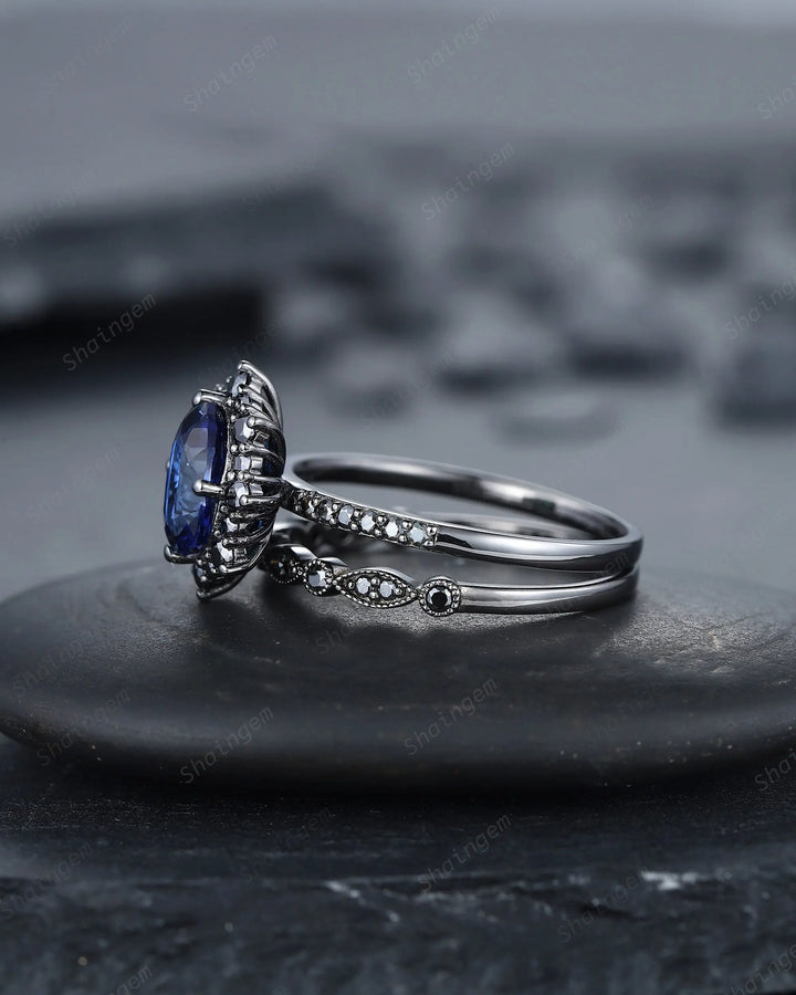 Vintage Oval Cornflower Blue Sapphire Halo Engagement Ring Set, Gothic Black Promise Ring Set, Rhodium Black Bridal Set, Black Wedding Ring - ShainJewelry