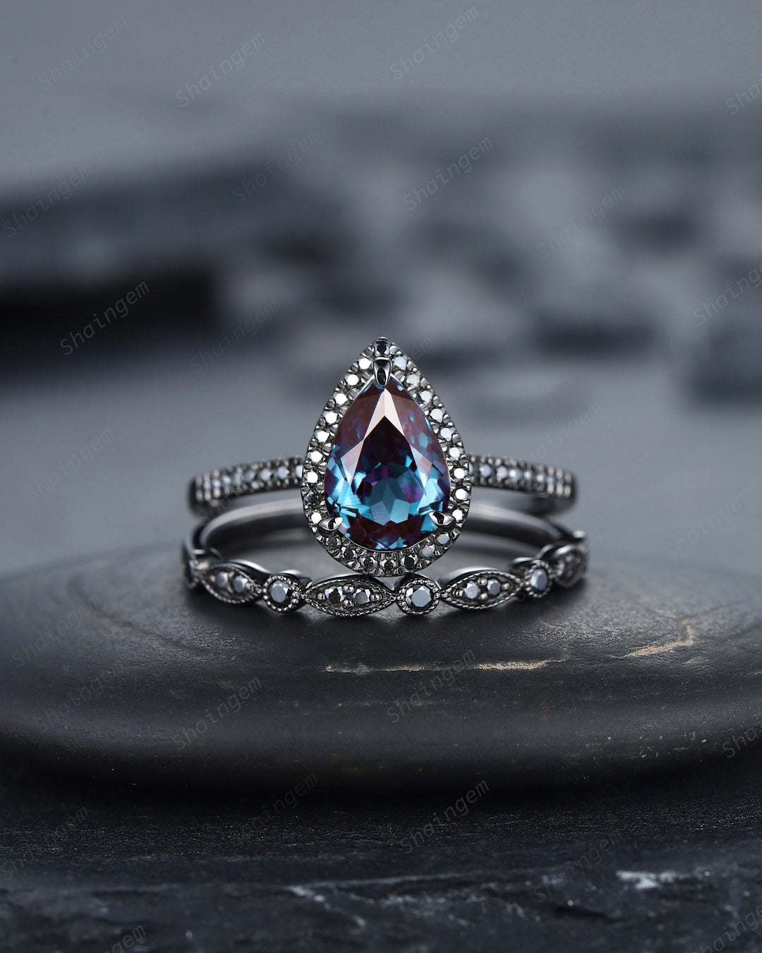 Vintage Alexandrite Halo Engagement Ring Set, Black Gold Alexandrite Promise Ring Set, Rhodium Black Bridal Set, Gothic Black Wedding Ring - ShainJewelry