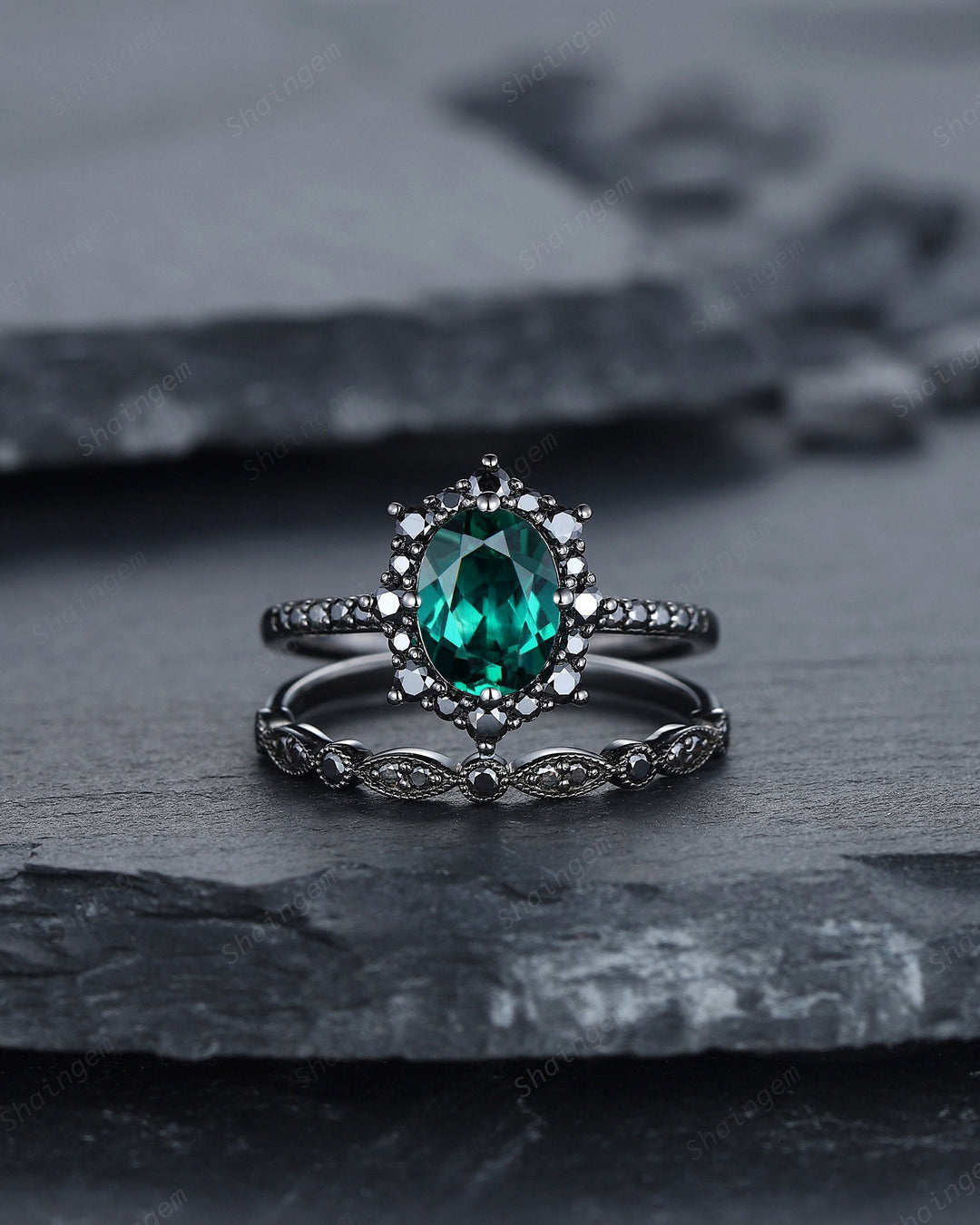 Vintage Oval Emerald Halo Engagement Ring Set, Black Gold Emerald Promise Ring Set, Rhodium Black Moissanite Bridal Set, Black Wedding Ring - ShainJewelry