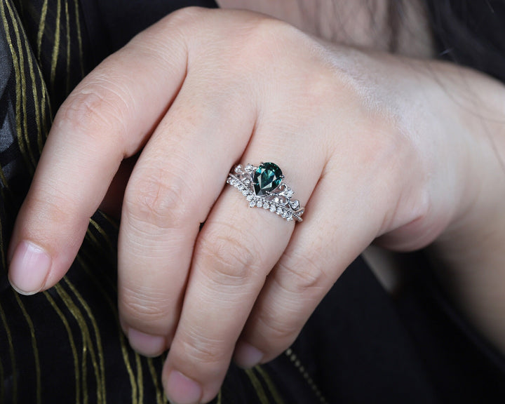 Unique Pear Natural Teal Sapphire and Diamond Engagement Ring, White Gold Green Sapphire Crown Wedding Promise Ring Anniversary Ring for her - ShainJewelry