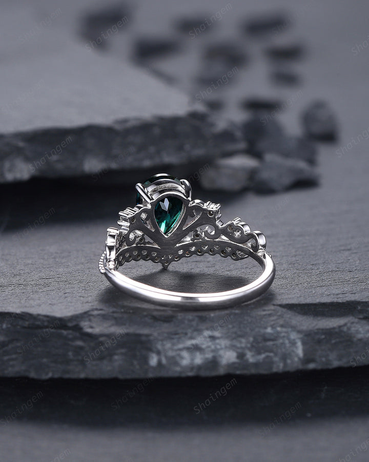 Unique Pear Natural Teal Sapphire and Diamond Engagement Ring, White Gold Green Sapphire Crown Wedding Promise Ring Anniversary Ring for her - ShainJewelry