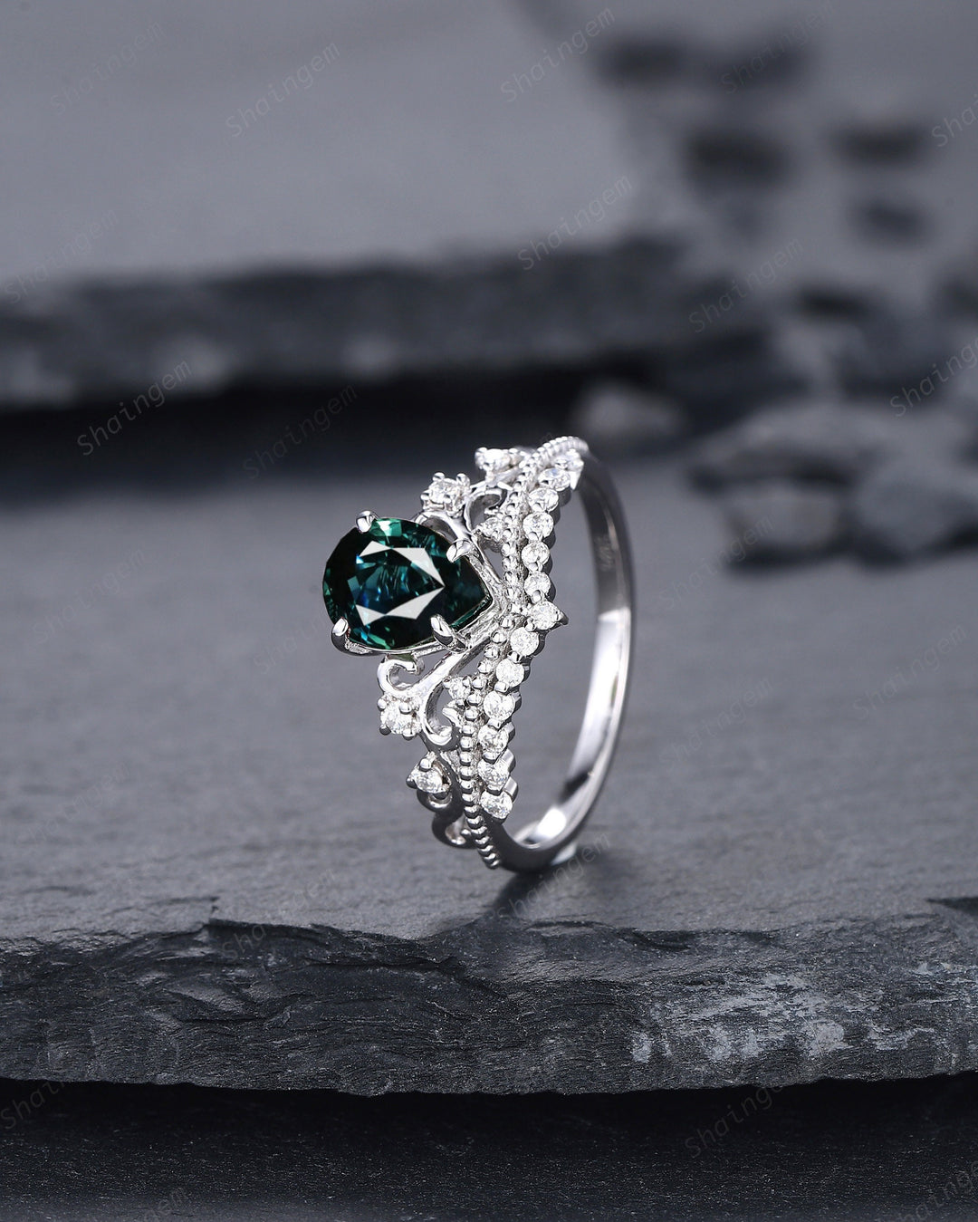 Unique Pear Natural Teal Sapphire and Diamond Engagement Ring, White Gold Green Sapphire Crown Wedding Promise Ring Anniversary Ring for her - ShainJewelry