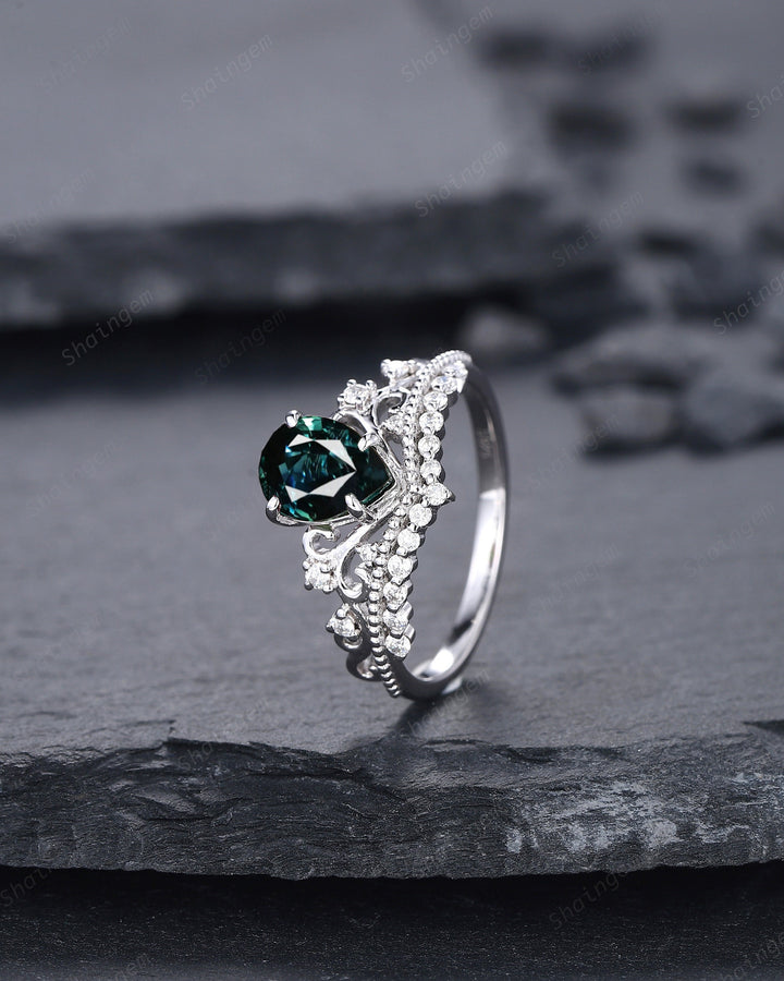 Unique Pear Natural Teal Sapphire and Diamond Engagement Ring, White Gold Green Sapphire Crown Wedding Promise Ring Anniversary Ring for her - ShainJewelry