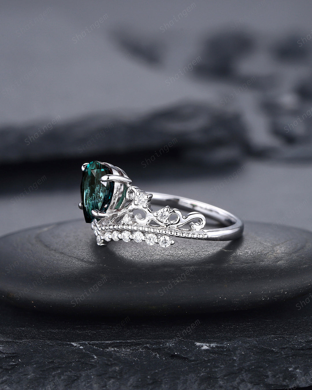 Unique Pear Natural Teal Sapphire and Diamond Engagement Ring, White Gold Green Sapphire Crown Wedding Promise Ring Anniversary Ring for her - ShainJewelry