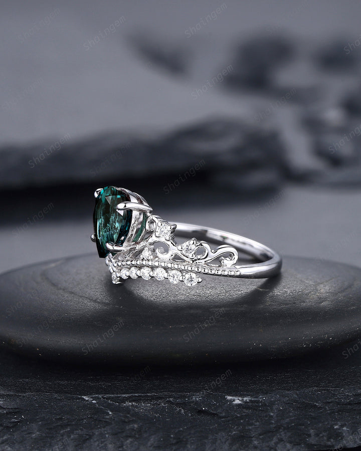 Unique Pear Natural Teal Sapphire and Diamond Engagement Ring, White Gold Green Sapphire Crown Wedding Promise Ring Anniversary Ring for her - ShainJewelry