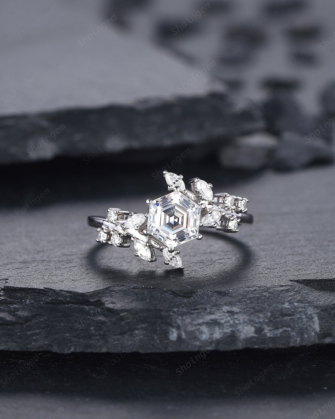 Vintage Hexagon Moissanite and Diamond Engagement Ring, 14K 18K White Gold Moissanite Leaf Promise Ring, Twig Branch Moissanite Wedding Ring - ShainJewelry