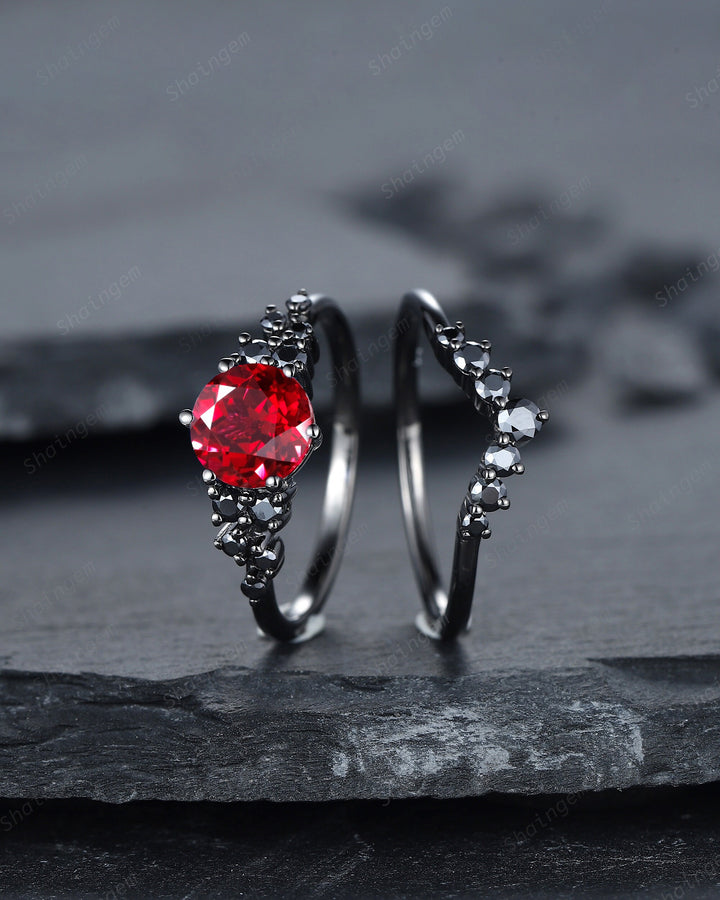 Vintage Black Gold Round Shape Ruby Engagement Ring, Rhodium Black Moissanite Ruby Wedding Set, Unique Dark Bridal Set, Black Promise Ring - ShainJewelry