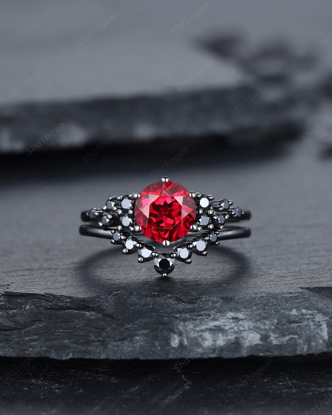 Vintage Black Gold Round Shape Ruby Engagement Ring, Rhodium Black Moissanite Ruby Wedding Set, Unique Dark Bridal Set, Black Promise Ring - ShainJewelry