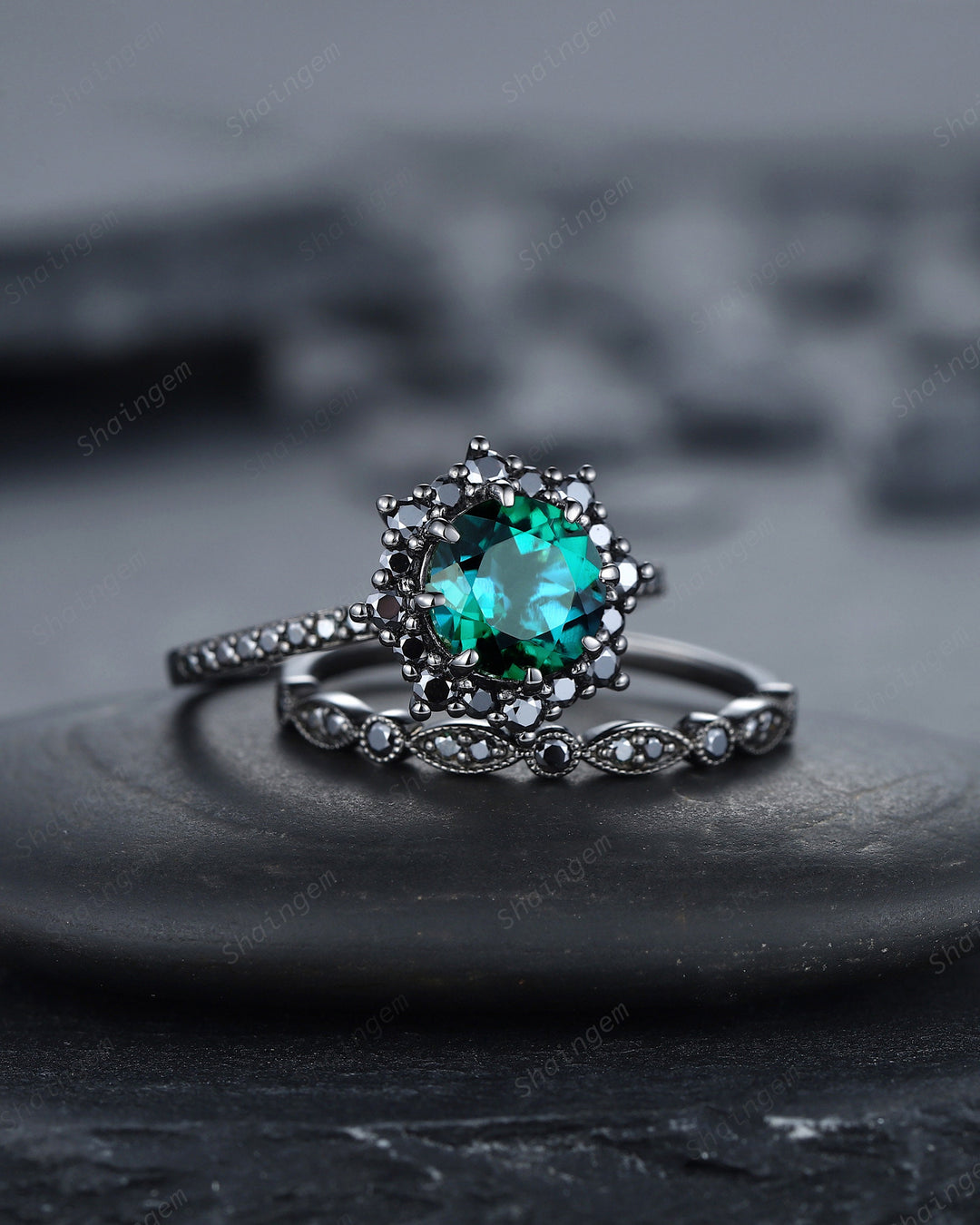 Vintage Round Emerald Halo Engagement Ring Set, Black Gold Emerald Promise Ring Set, Rhodium Black Moissanite Bridal Set, Black Wedding Ring - ShainJewelry
