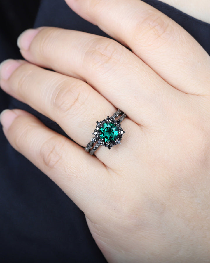 Vintage Round Emerald Halo Engagement Ring Set, Black Gold Emerald Promise Ring Set, Rhodium Black Moissanite Bridal Set, Black Wedding Ring - ShainJewelry