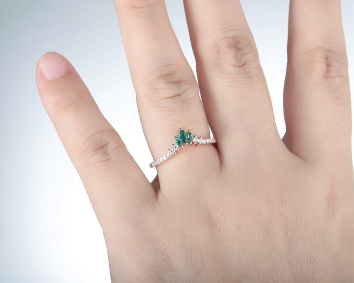 V Shaped Marquise Emerald Wedding Band, 14K Rose Gold Emerald Engagement Band, Chevron Matching Band, Stackable Anniversary Ring Enhancer - ShainJewelry