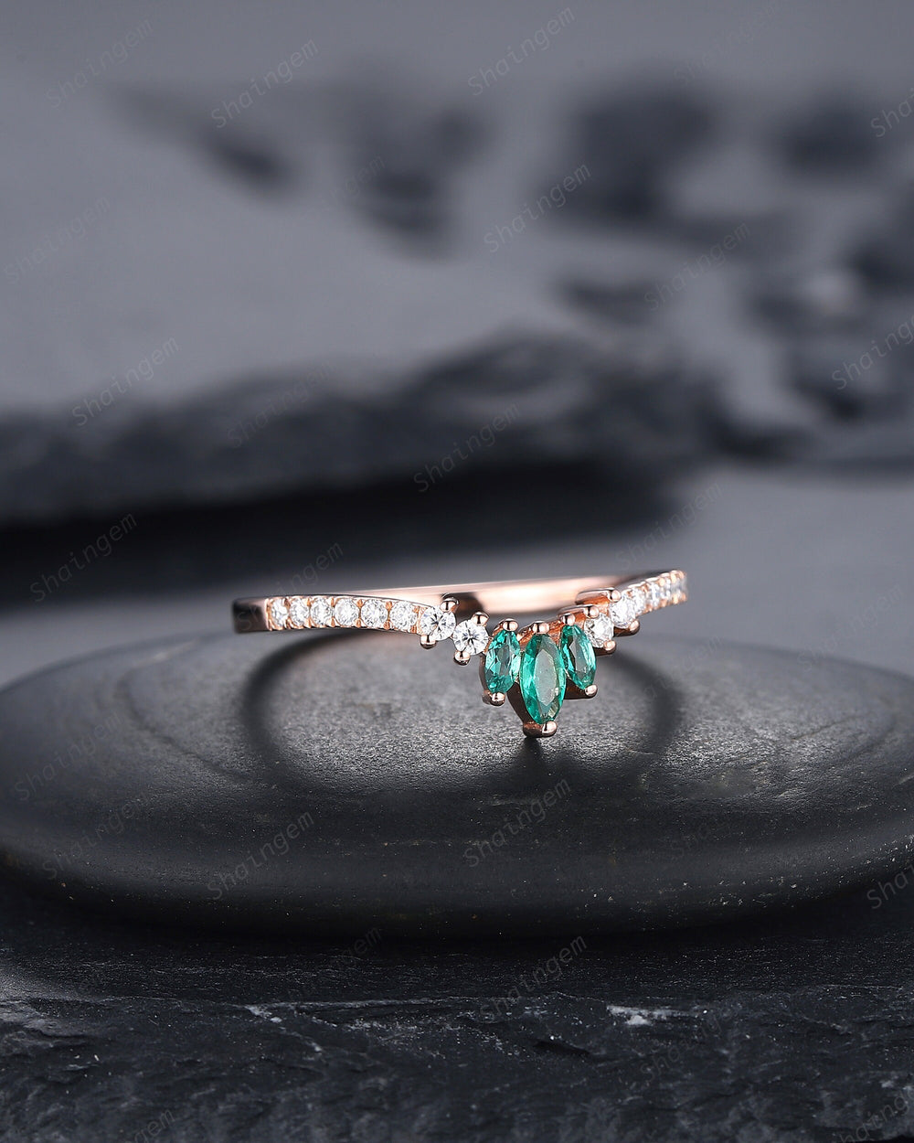 V Shaped Marquise Emerald Wedding Band, 14K Rose Gold Emerald Engagement Band, Chevron Matching Band, Stackable Anniversary Ring Enhancer - ShainJewelry