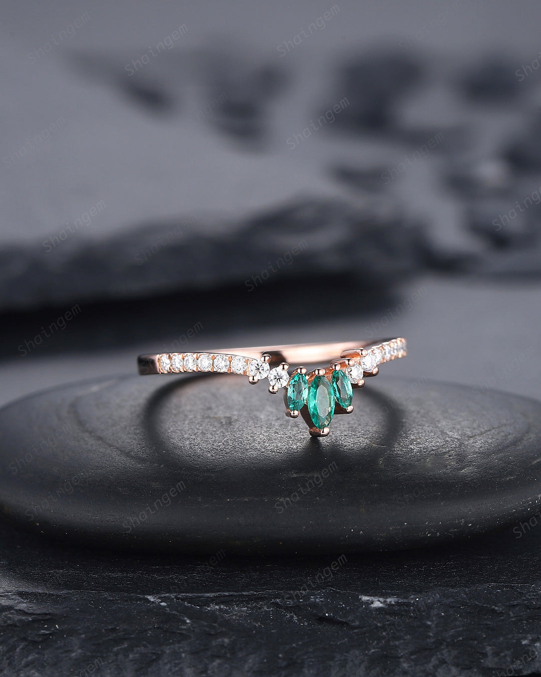 V Shaped Marquise Emerald Wedding Band, 14K Rose Gold Emerald Engagement Band, Chevron Matching Band, Stackable Anniversary Ring Enhancer - ShainJewelry