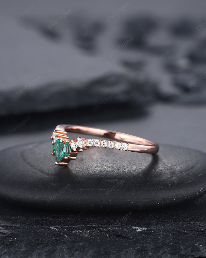 V Shaped Marquise Emerald Wedding Band, 14K Rose Gold Emerald Engagement Band, Chevron Matching Band, Stackable Anniversary Ring Enhancer - ShainJewelry