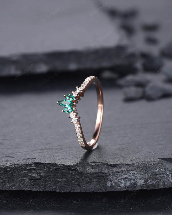 V Shaped Marquise Emerald Wedding Band, 14K Rose Gold Emerald Engagement Band, Chevron Matching Band, Stackable Anniversary Ring Enhancer - ShainJewelry